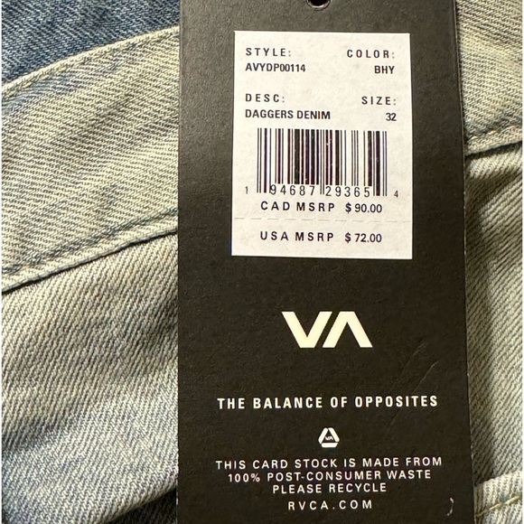 RVCA Daggers Slim Straight Jeans 32 x 32 - Picture 9 of 10